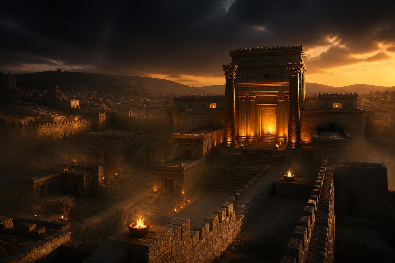 Ancient Solomonic temple at twilight with bronze pillars and ember torchlight